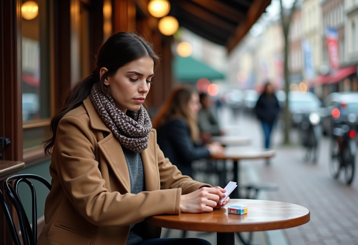 Jeune femme belge regarde son reçu au café