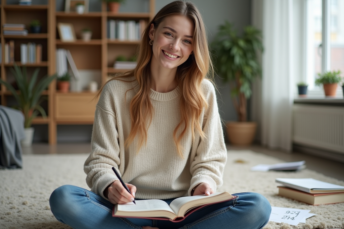 Jeune femme souriante étudiant l