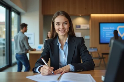 Jeune femme souriante remplissant un formulaire en banque