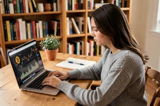 Jeune femme étudiant des prévisions Bitcoin sur un ordinateur portable dans un bureau à domicile
