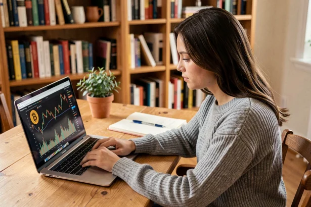 Jeune femme étudiant des prévisions Bitcoin sur un ordinateur portable dans un bureau à domicile
