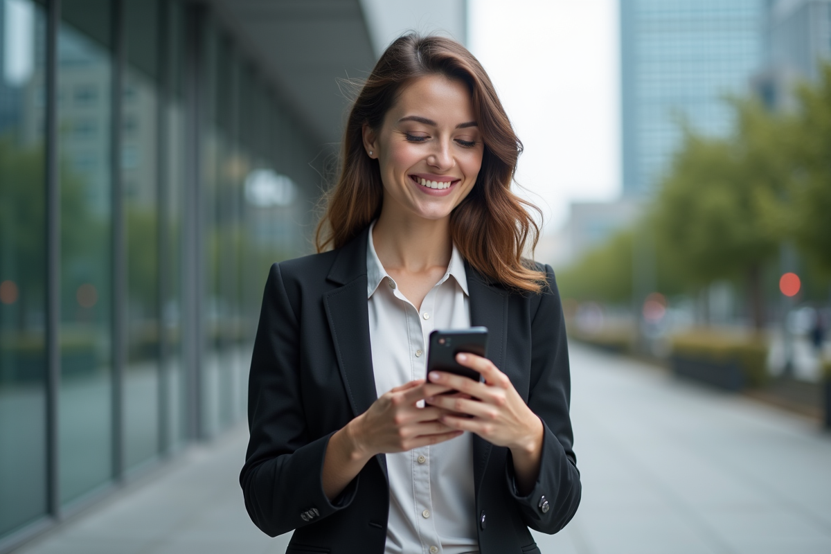 Jeune femme professionnelle vérifiant son application retraite en extérieur