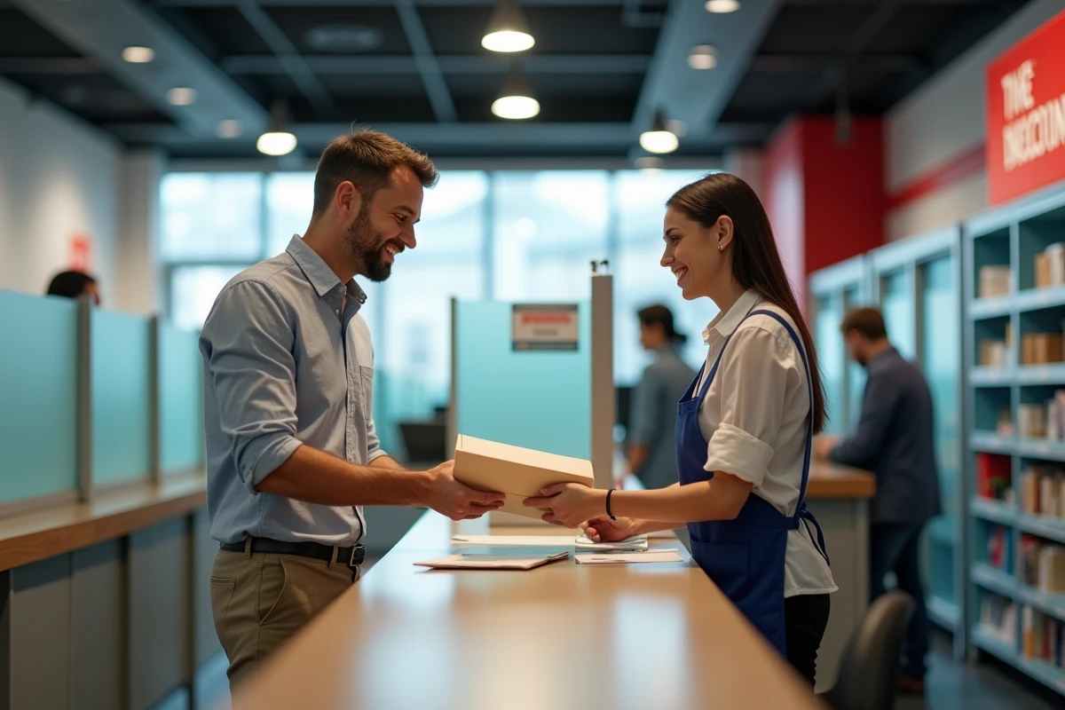 Jeune homme remettant une lettre &agrave; un agent postal dans une poste