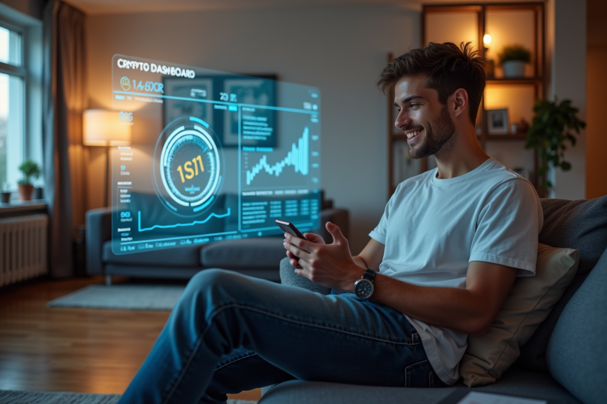 Jeune homme analysant un tableau crypto holographique