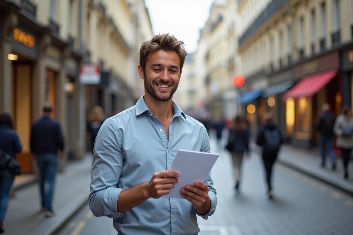 Jeune homme souriant dans une rue parisienne animée