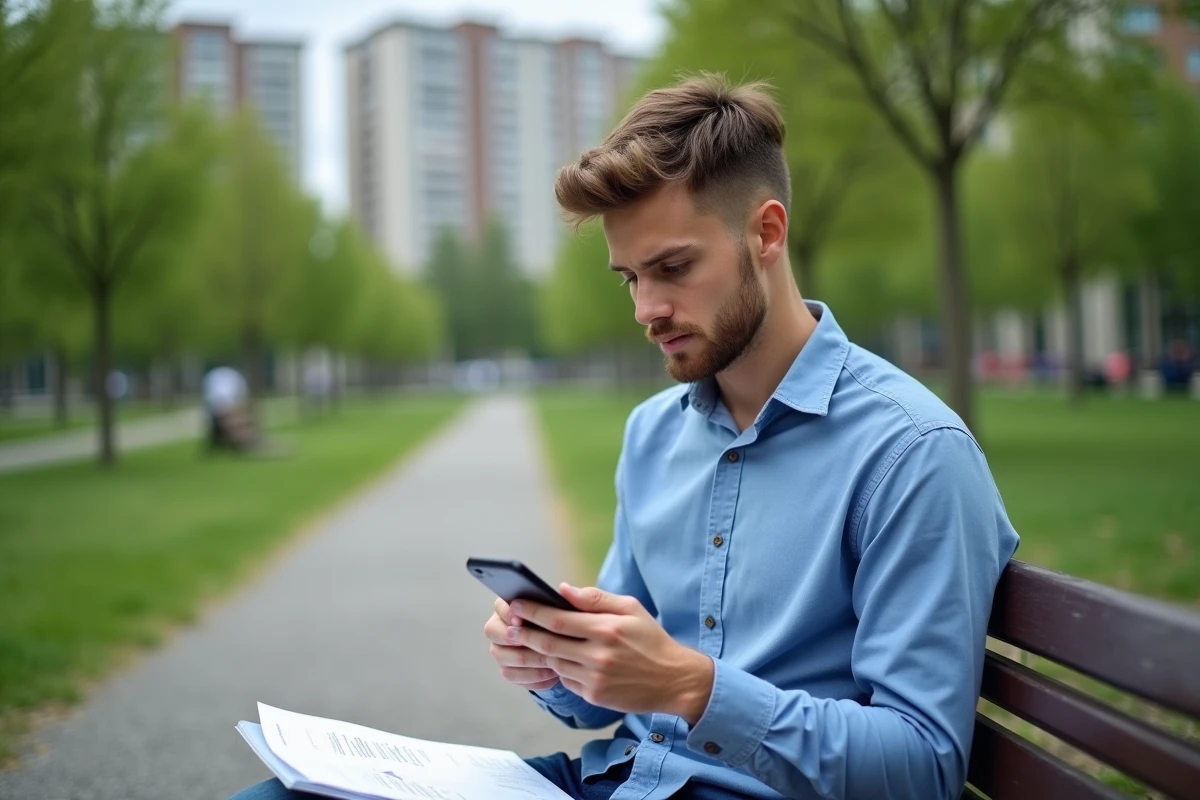 Jeune homme utilisant son smartphone dans un parc urbain