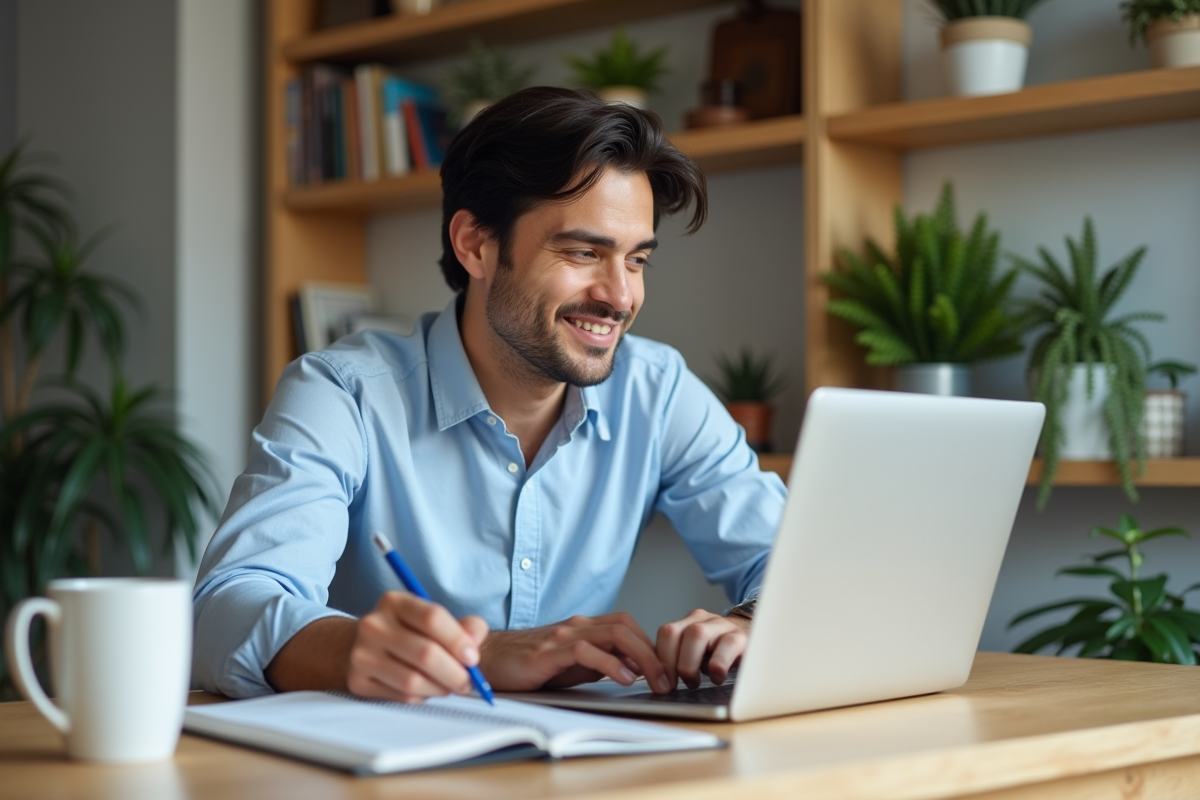 Jeune homme travaille sur son ordinateur dans une cuisine cosy