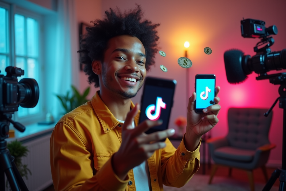 Jeune influenceur souriant dans un studio moderne avec logo TikTok