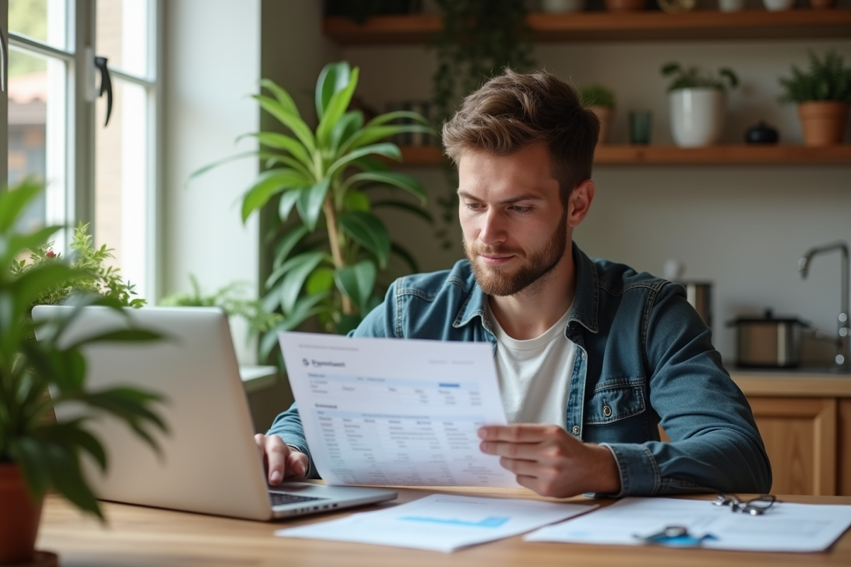 Jeune investisseur optimiste à la maison avec ordinateur