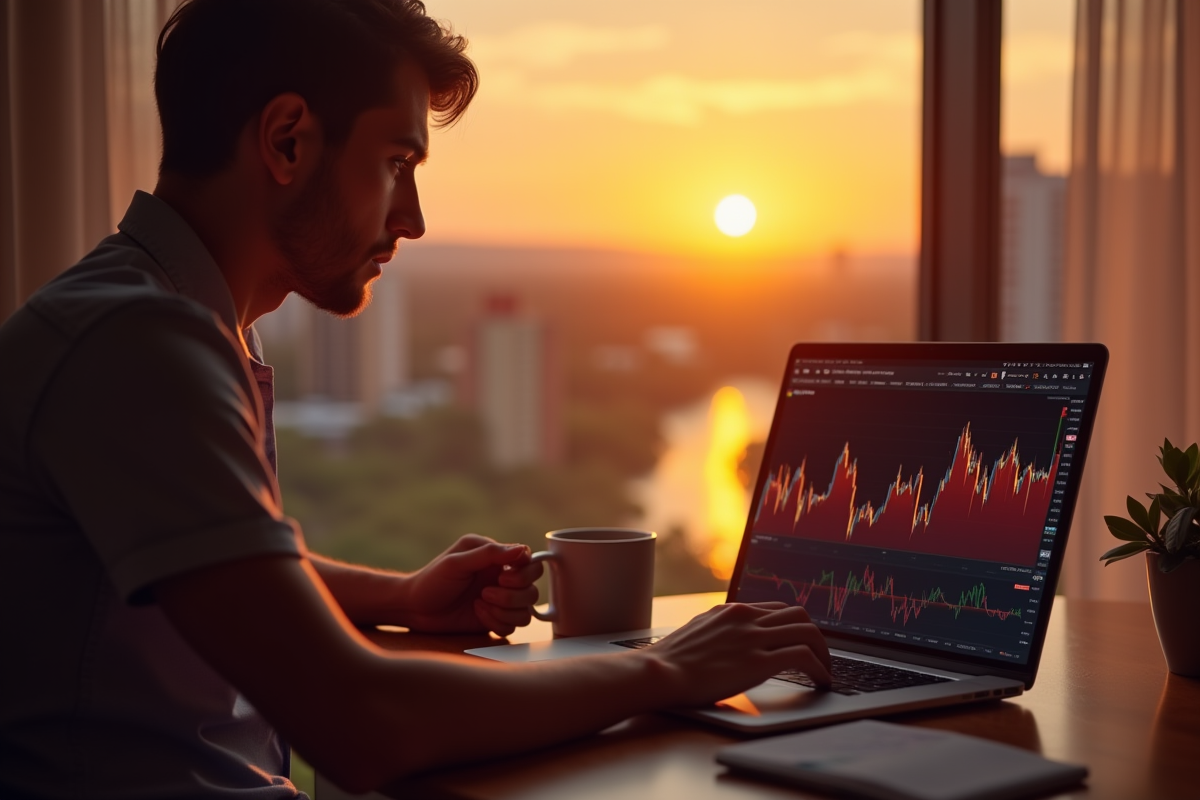 Jeune professionnel vérifiant graphiques crypto au matin