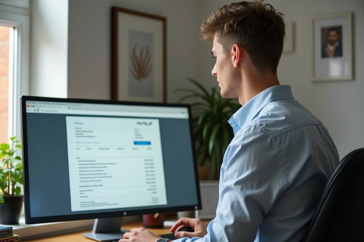 Jeune personnel scolaire v&eacute;rifiant un bulletin de salaire sur ordinateur