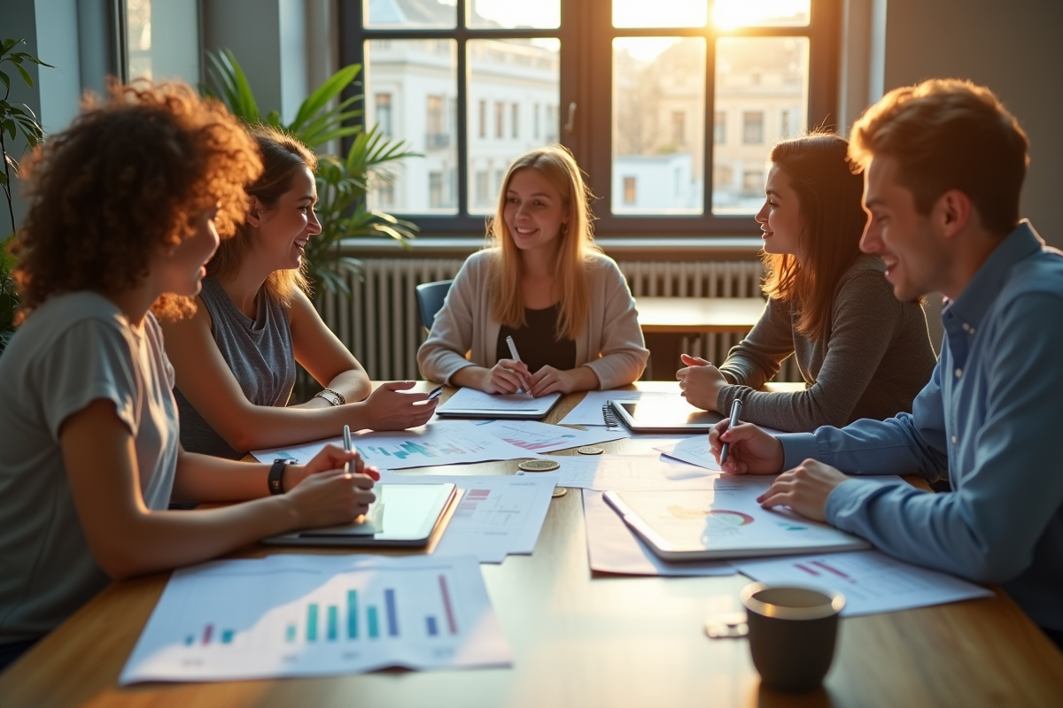 Jeunes discutant stratégies d investissement autour d une table