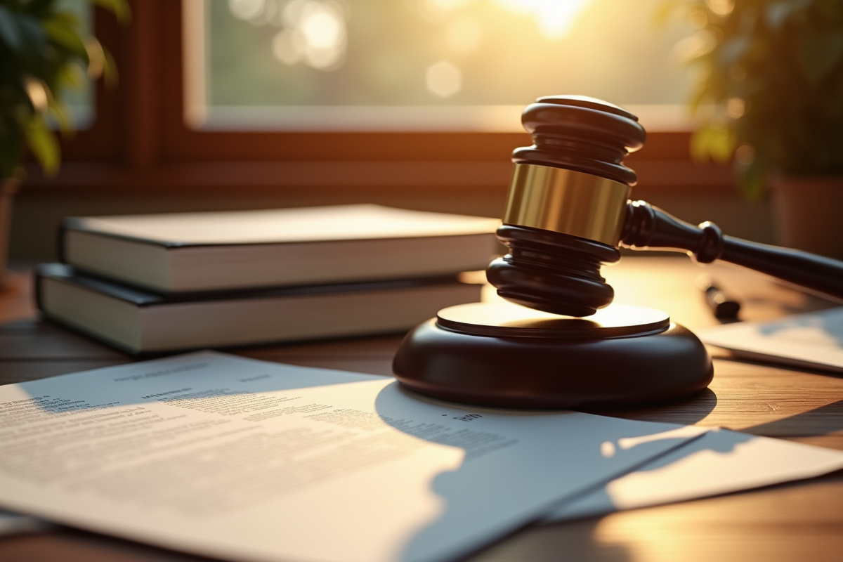 Marteau de justice et documents légaux sur un bureau en bois ensoleillé