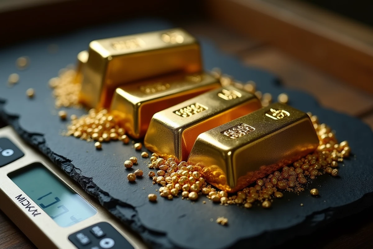 Lingots d'or 24 carats et balance de précision dans un atelier de joaillerie professionnelle