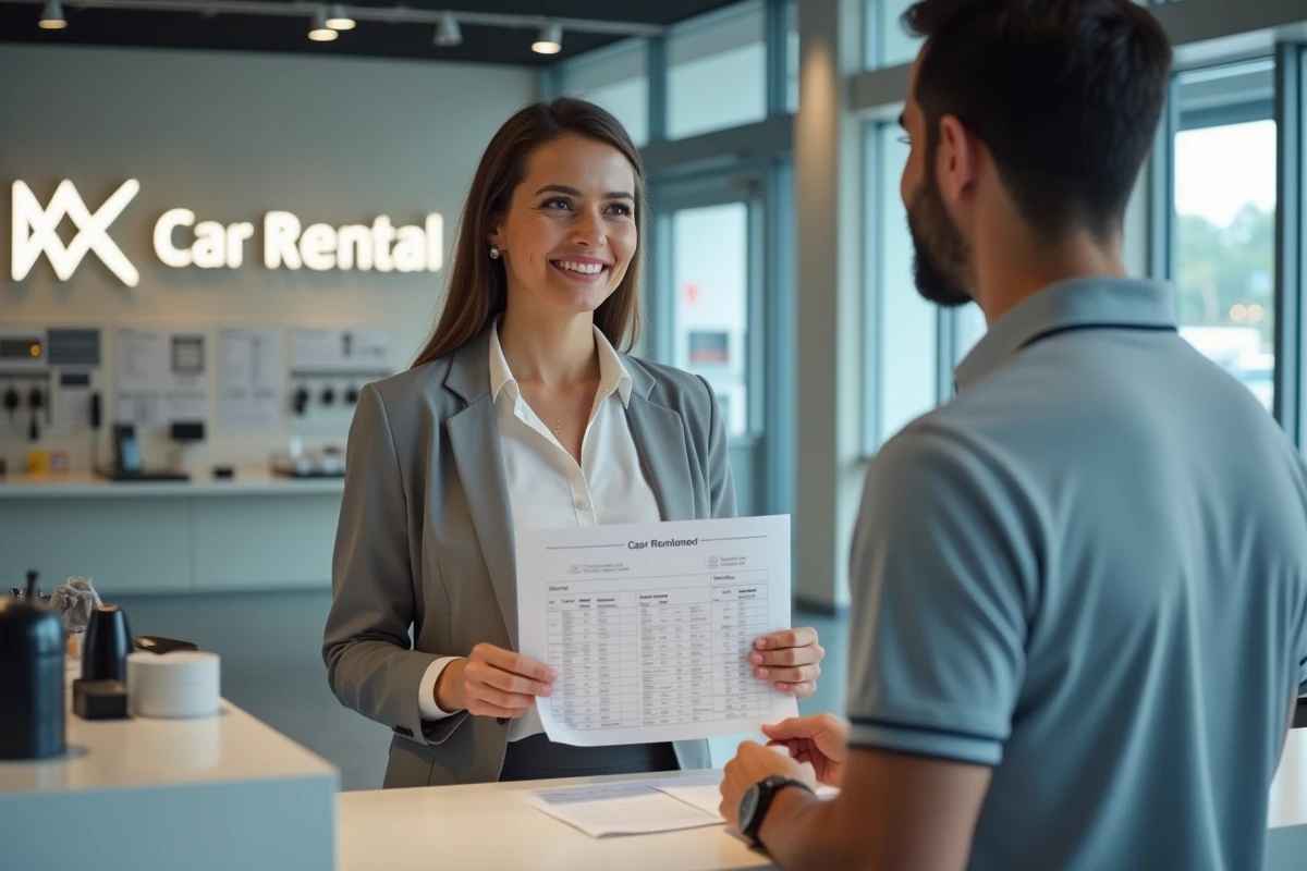 Femme d'affaires consultant des documents de classification TVS à un comptoir de location de véhicules