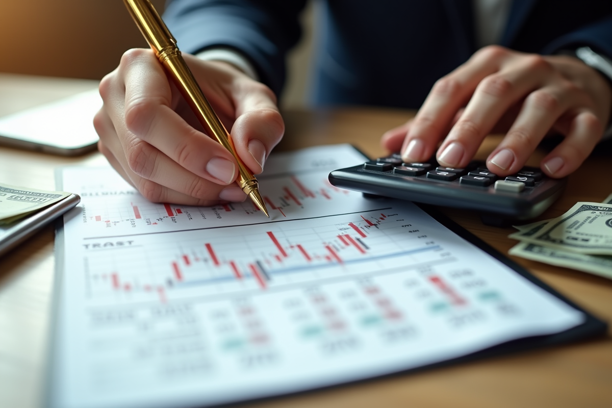 Mains tenant une calculatrice et un stylo or sur graphiques boursiers
