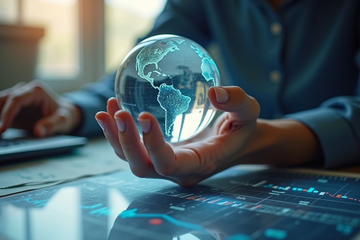 Main tenant un globe en cristal avec données holographiques