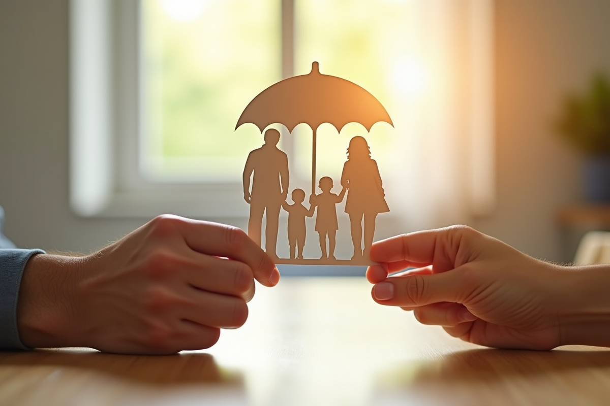 Mains tenant un dessin de famille sous un parapluie