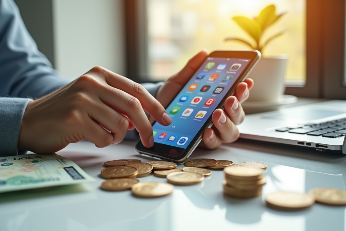 Mains tenant un smartphone avec des pièces et billets