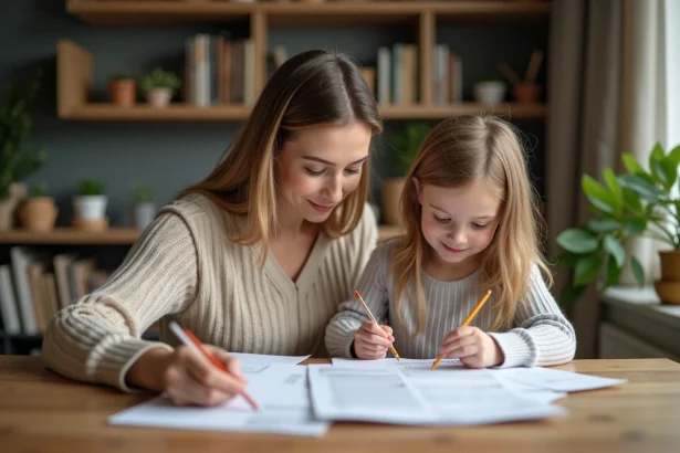 Maman et enfant triant des reçus dans la salle à manger moderne