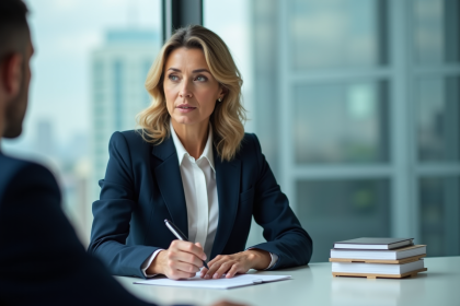 Femme en blazer navy négociant en réunion d'affaires