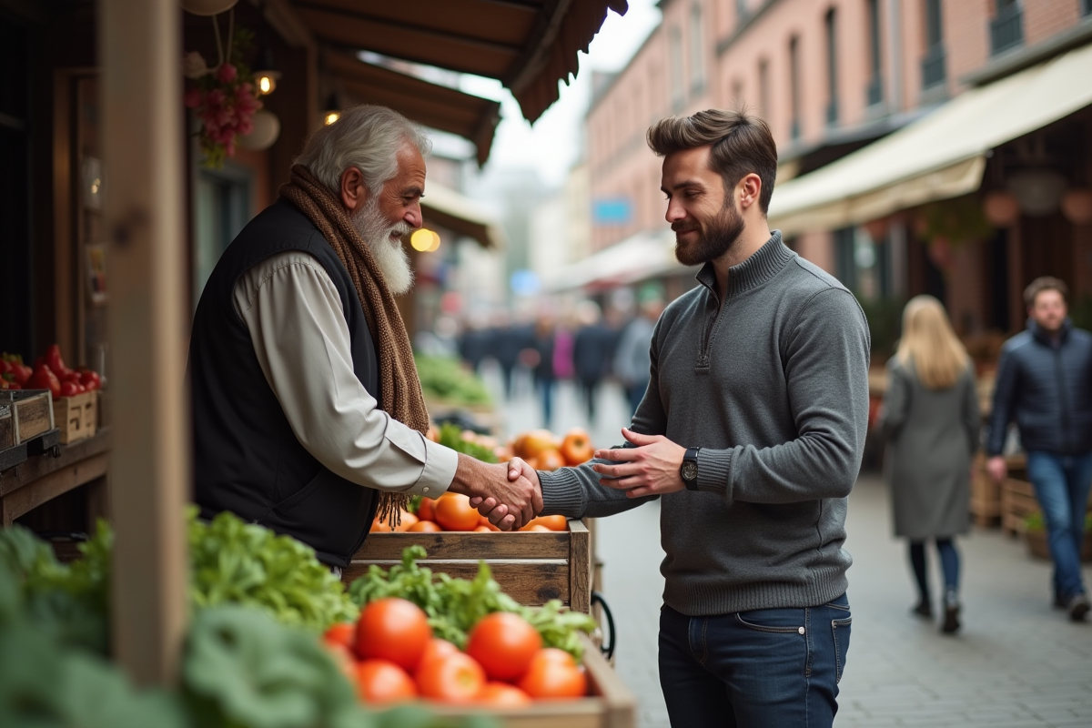 Jeune homme négociant au marché avec un vendeur âgé