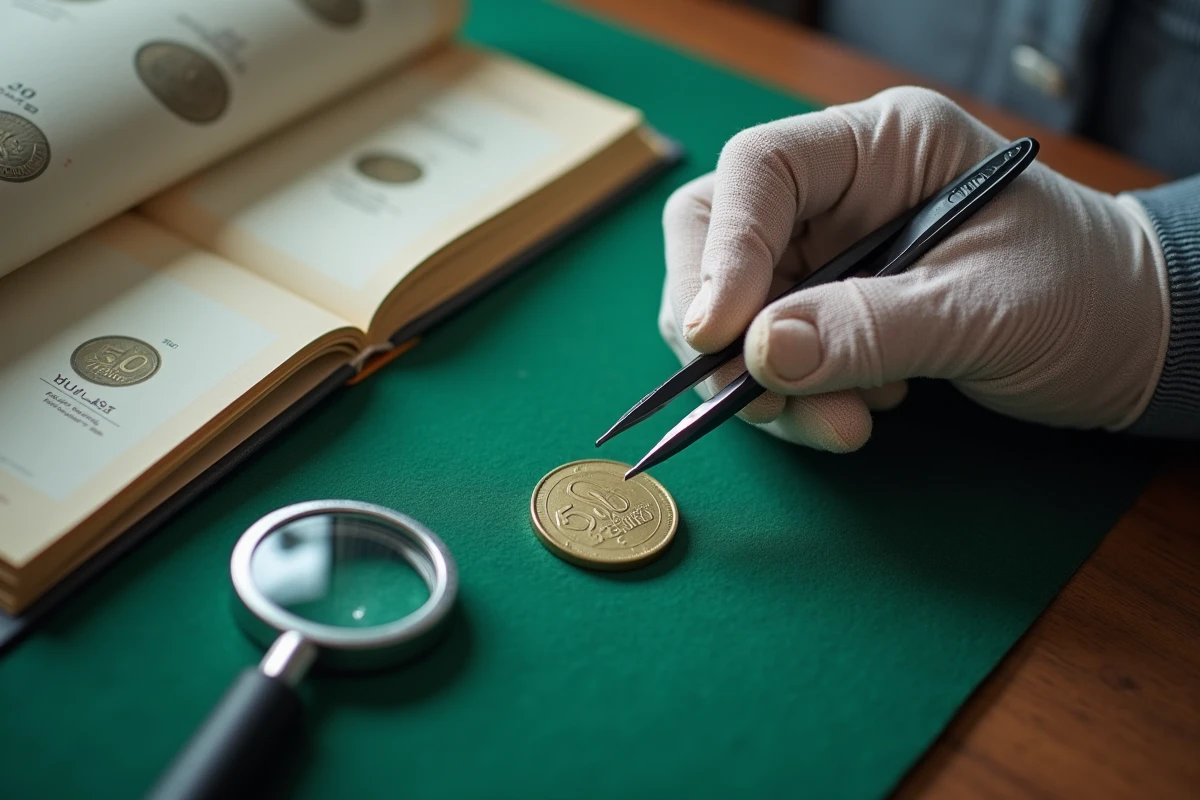 Numismate examinant une pièce de 50 centimes rare avec une loupe et des gants de collection