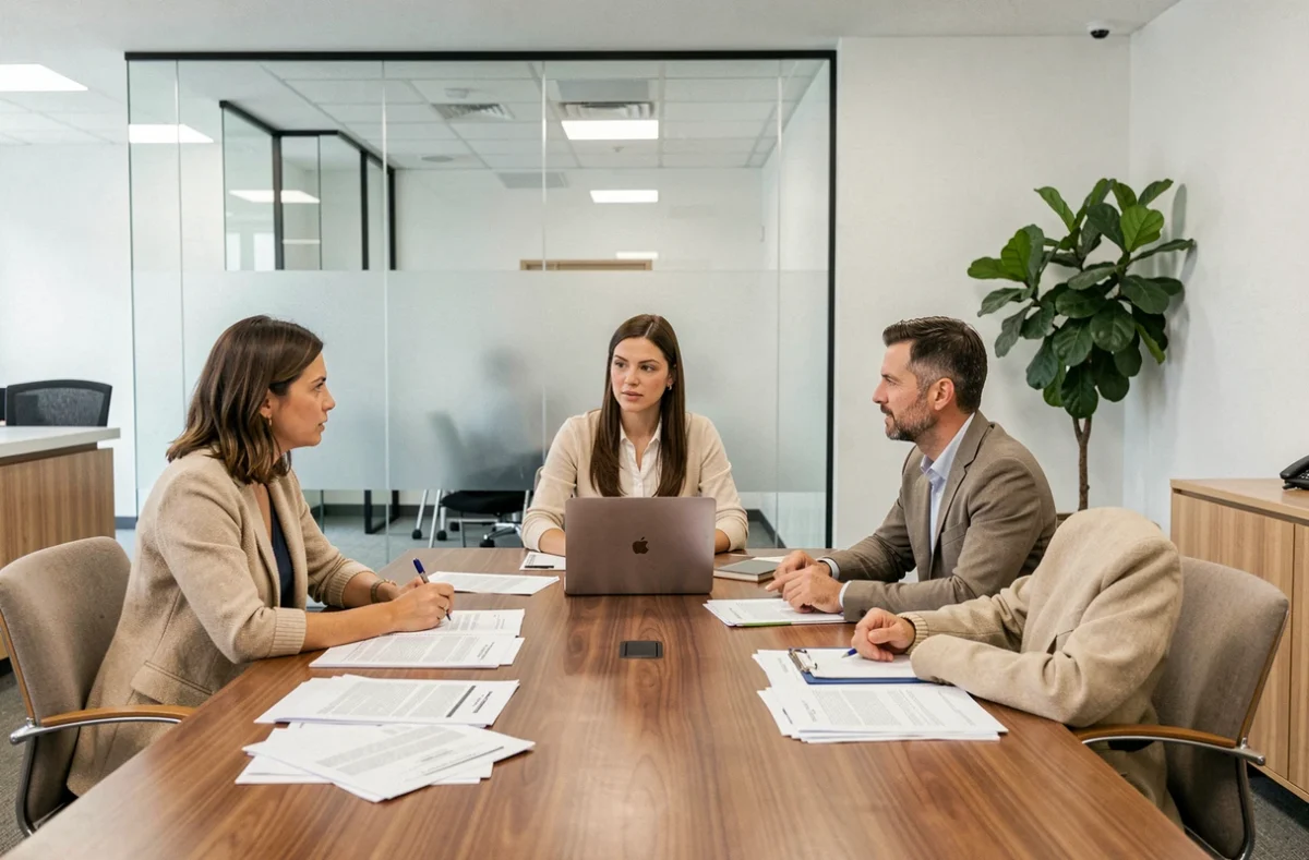 Réunion familiale autour d'une table de notaire pour discuter du partage d'une succession et d'une fortune