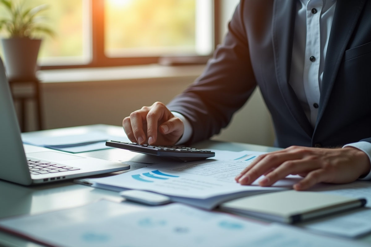 Personne bien habillee travaillant sur un bureau avec calculatrice et documents