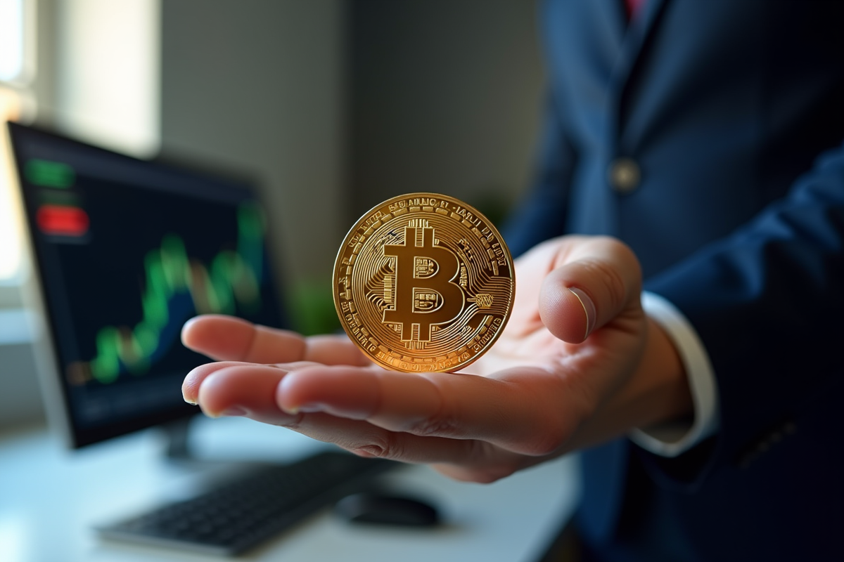 Main tenant un bitcoin en or brillant avec graphique en arrière-plan