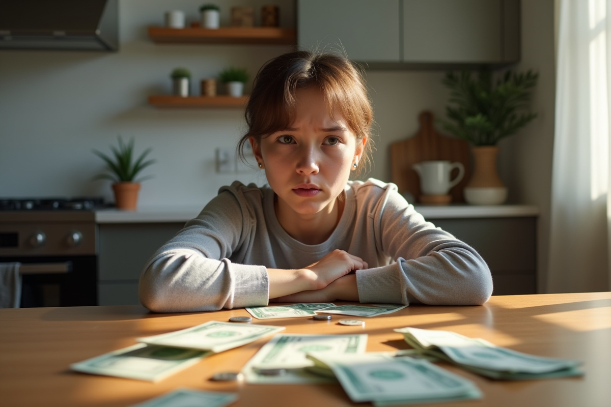 Personne inquiète à la table avec des factures et pièces
