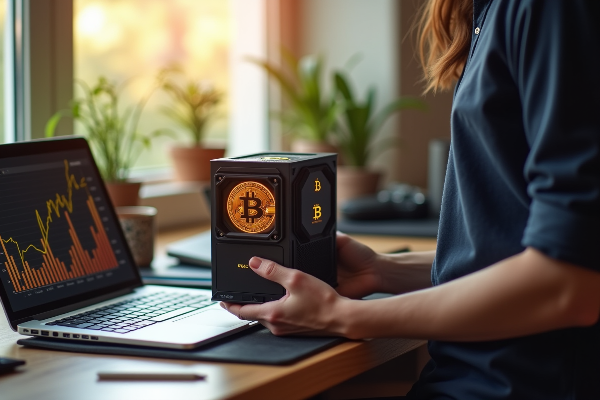 Personne tenant un appareil de minage bitcoin dans un bureau lumineux