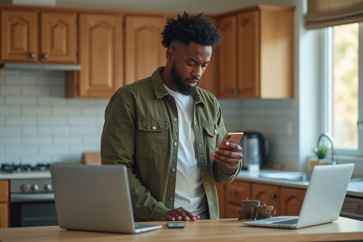 Personne vérifiant une notification de résolution de litige PayPal sur smartphone dans un cadre domestique avec carte bancaire