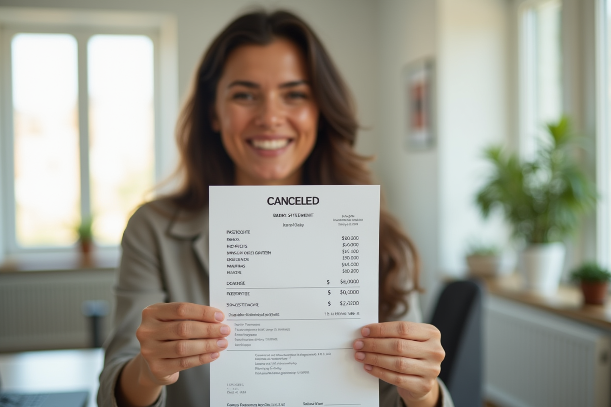 Personne souriante tenant un bilan annulé dans un bureau lumineux