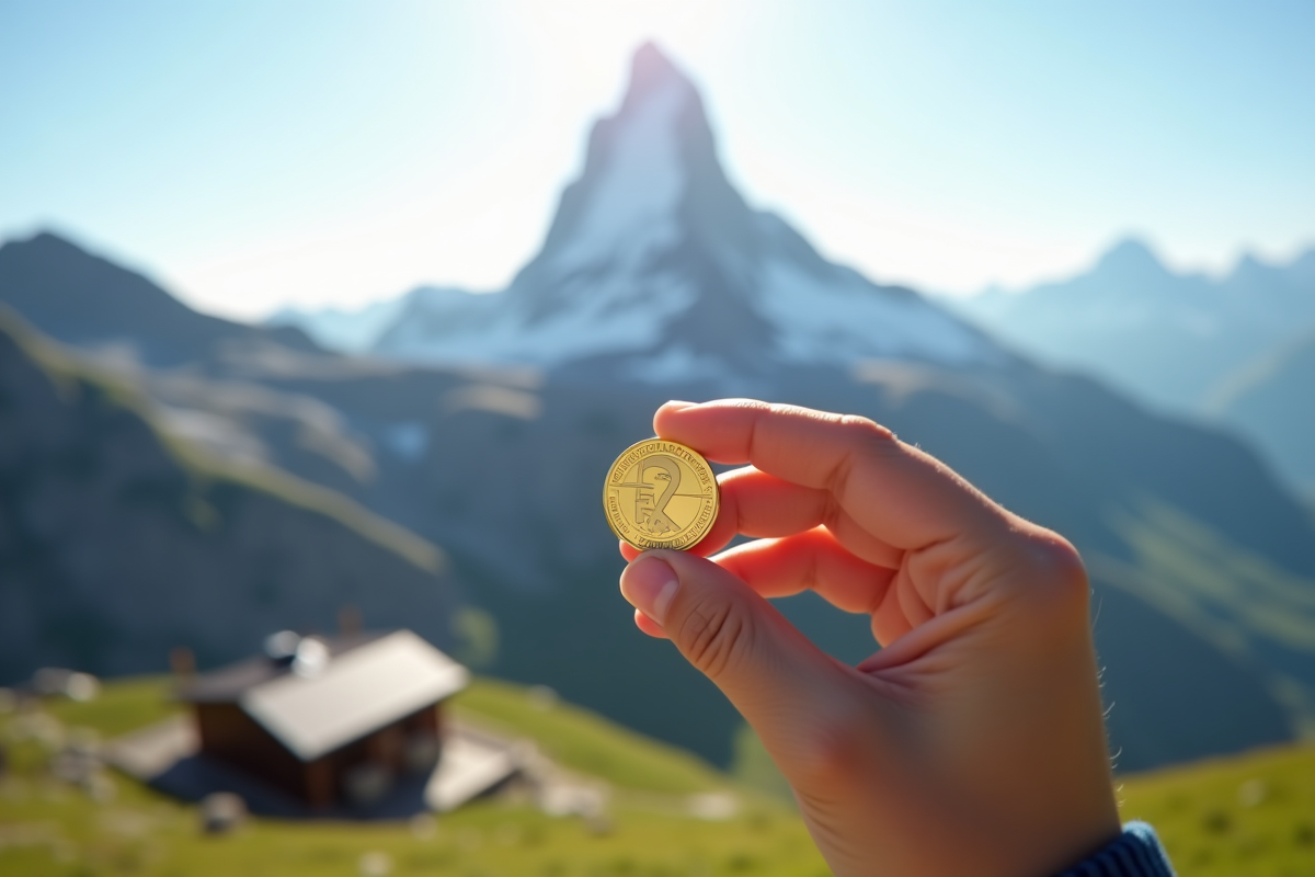 Personne souriante tenant un franc suisse devant le Matterhorn