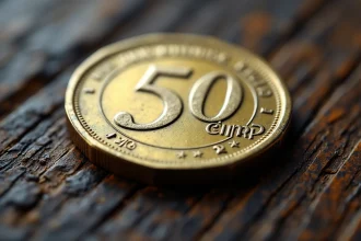Pièce de 50 centimes d'euro rare posée sur une table en bois, montrant les marques de frappe et symboles à surveiller