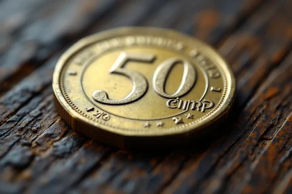 Pièce de 50 centimes d'euro rare posée sur une table en bois, montrant les marques de frappe et symboles à surveiller