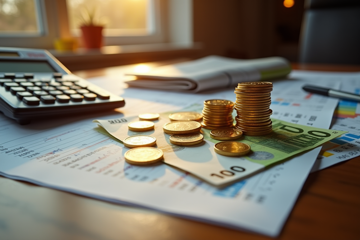 Pièces d or et billets euro avec calculatrice sur bureau