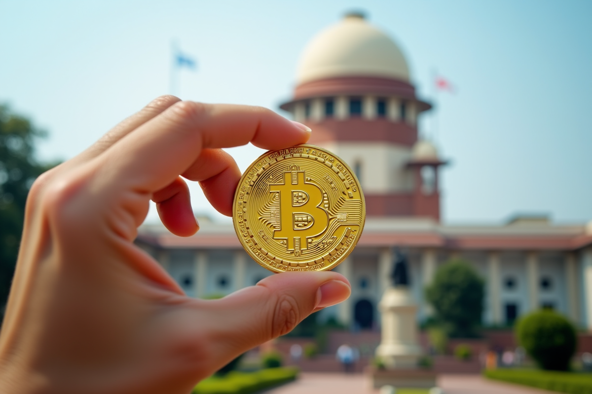 Main tenant un bitcoin en or devant un bâtiment officiel