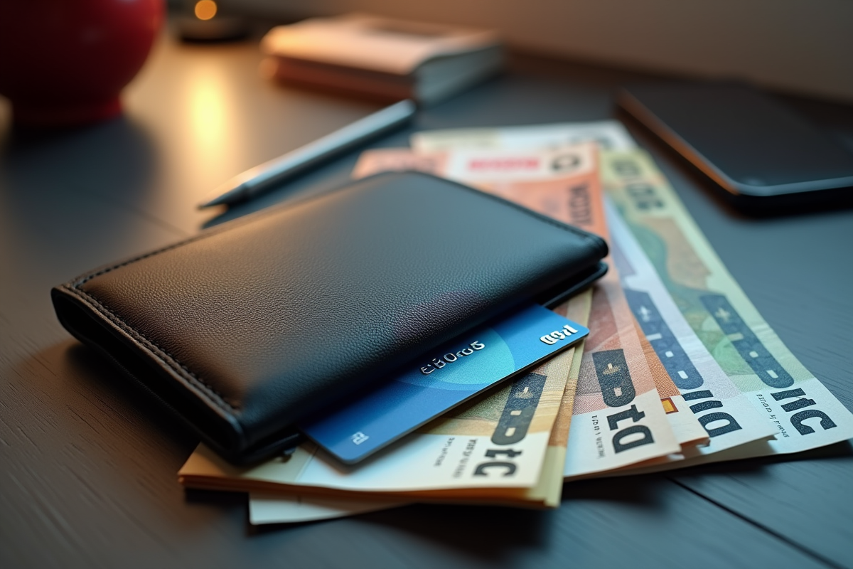 Portefeuille élégant avec carte American Express et billets en euros
