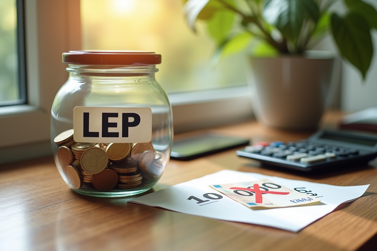 Portefeuille LEP rempli de billets et pièces euros sur bureau lumineux