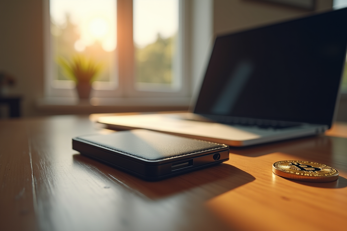 Portefeuille hardware crypto sécurisé sur bureau lumineux