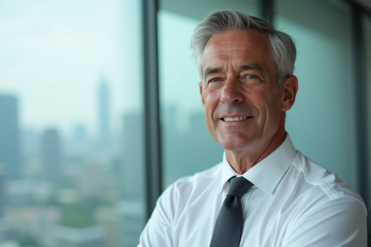 Portrait d'un homme d'affaires mature en costume sombre devant une fenêtre avec vue sur la ville, symbolisant discrétion et richesse dans le contexte de la fortune d'André-Louis Auzière
