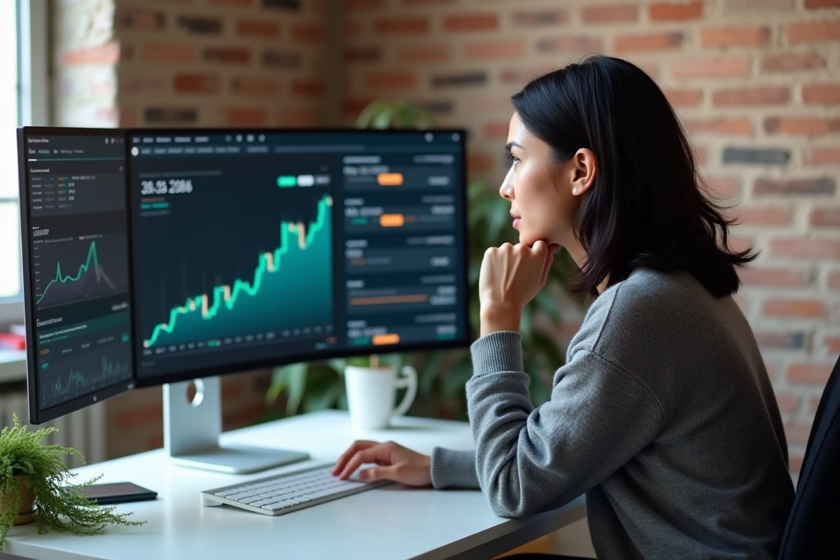 Femme utilisant une plateforme de prêt en cryptomonnaie sur ordinateur dans un bureau à domicile
