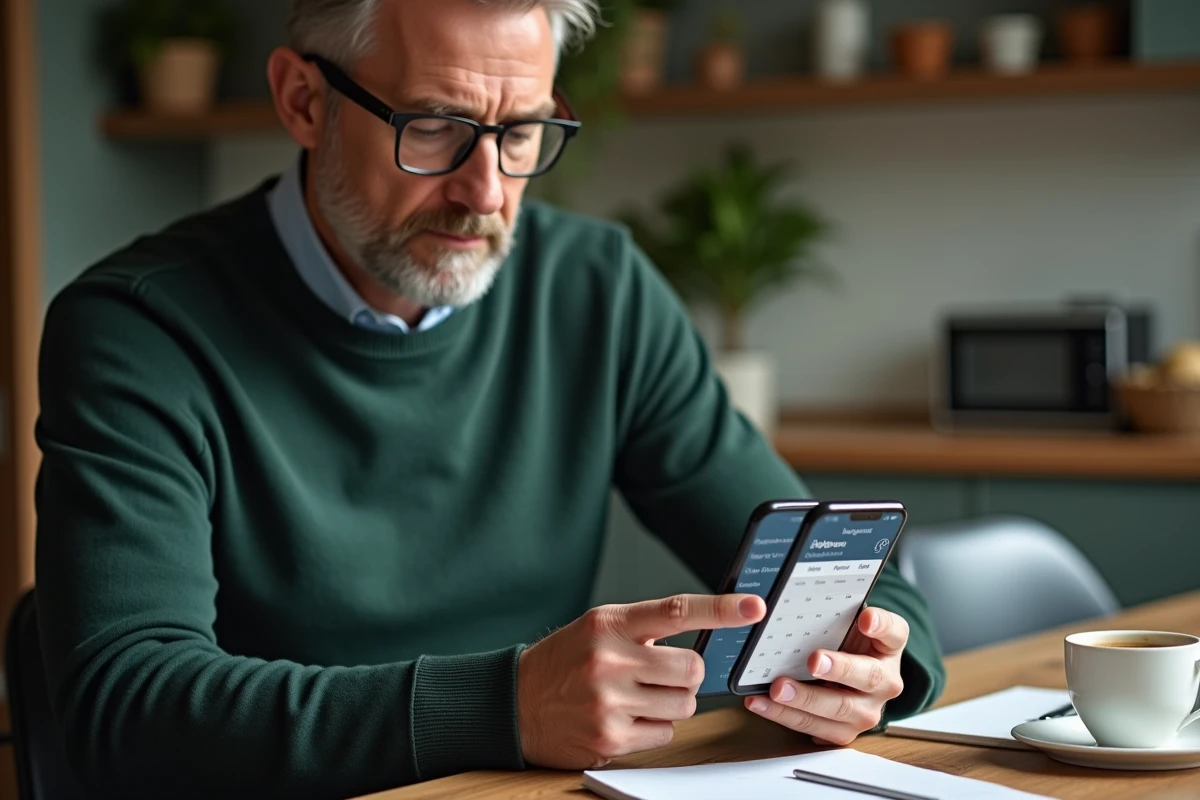 Homme prenant rendez-vous avec un conseiller Crédit Agricole du Morbihan via l'application mobile depuis chez lui
