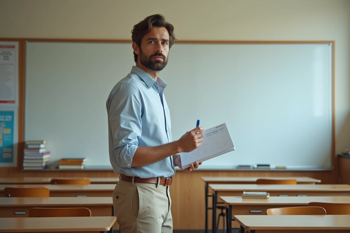 Professeur tenant un calendrier dans une salle de classe vide avec tableau blanc, illustrant les dates de paiement scolaire