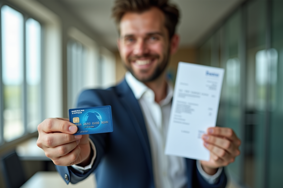Professionnel confiant tenant une carte American Express et un bulletin de salaire