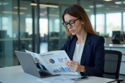 Professionnelle du secteur des assurances consultant un magazine spécialisé et des données numériques dans un bureau moderne