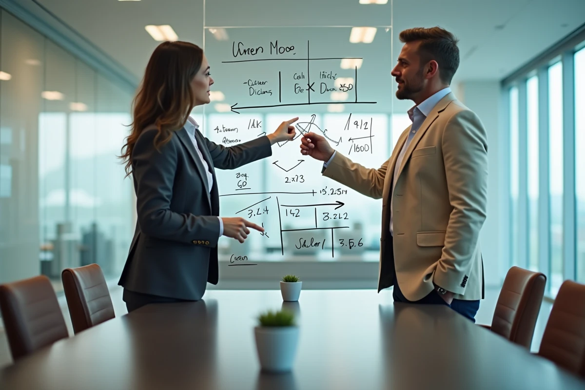Deux professionnels en comptabilité discutant de projections salariales sur dix ans devant un tableau de conférence en entreprise