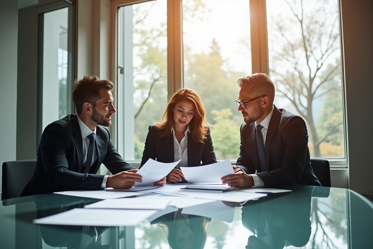 Trois professionnels divers discutant autour d'une table moderne